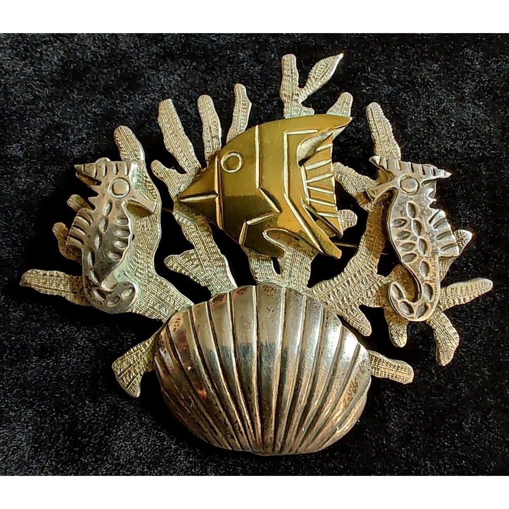 Taxco 925 Sterling Silver And Brass Tropical Sea Life Brooch Laton